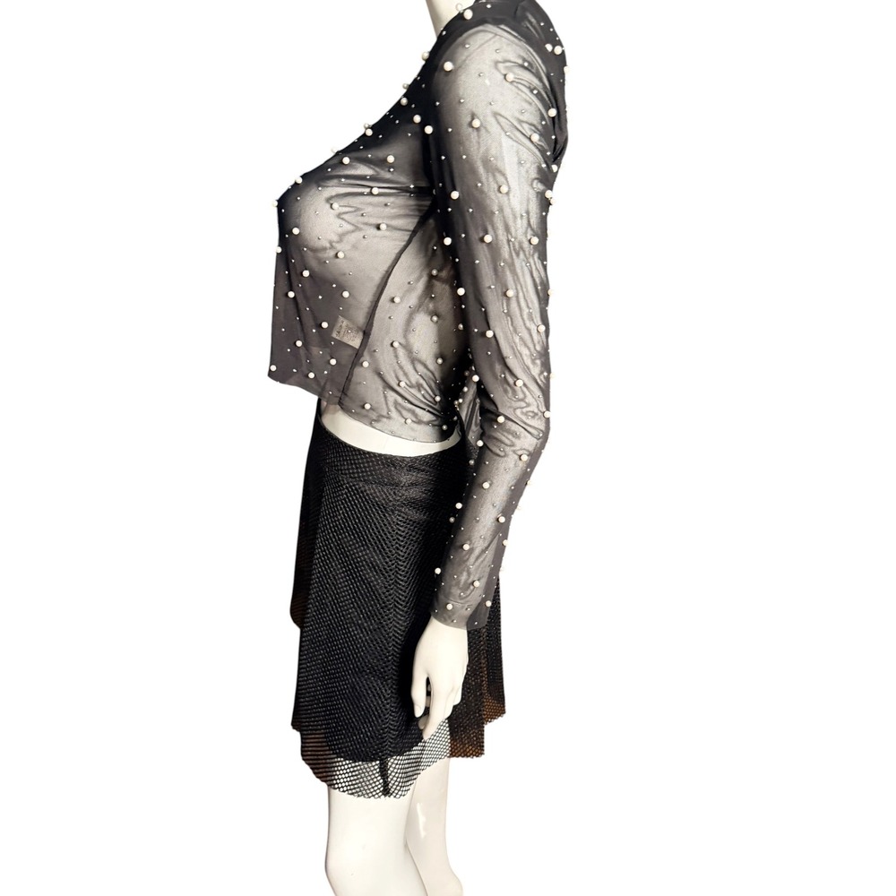 Thirty/Thirty LA Womens Black Sheer Mesh Pearl Embellished Crop Top Large - Picture 2 of 7